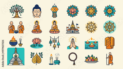 Buddha Purnima icon set on Wesak Day with various religious symbols and illustrations of Buddha.