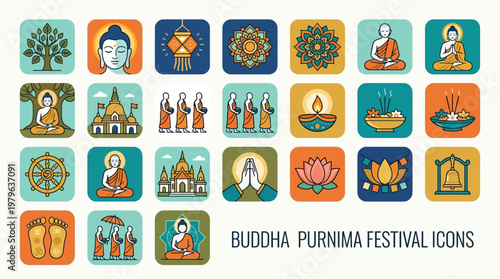 Buddha Purnima festival icons showcase on Wesak day with various religious symbols and illustrations.