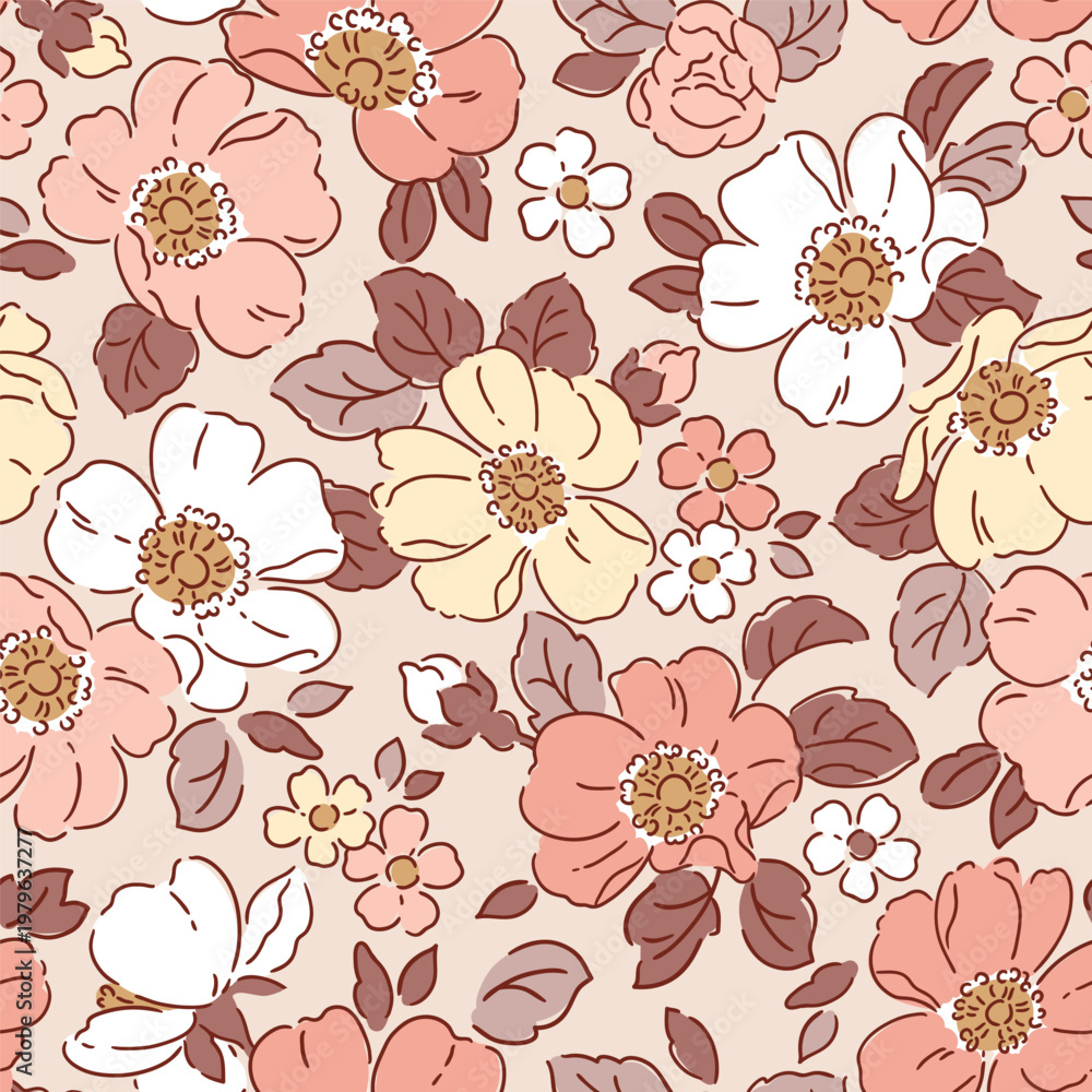 Naklejka premium Hand drawn wild roses. Seamless vector pattern. Liberty floral design on isolated background. Perfect for textile, wallpaper or nursery print design.