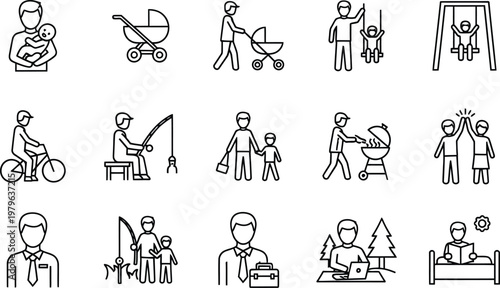 Father and Son Lifestyle Activities Vector Icon Set for Father's Day