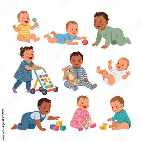 Photos Cute Baby Activities Cartoon Collection Playful Children Illustration Set