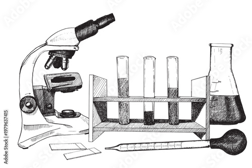 Laboratory microbiological instruments (microscope, test tubes, flask, glasses, pipette) in engraving style for the design of scientific conferences, biology textbooks and medical materials.
