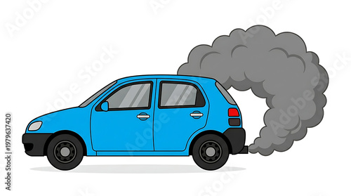 Blue compact car emitting black smoke from the exhaust pipe