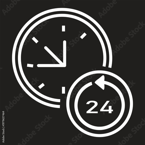 Clock face with 24 hour cycle arrow symbol indicating time and availability on black background