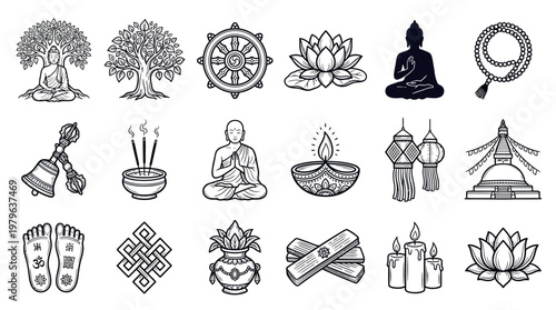Buddha Purnima Wesak Day Celebrations with Various Buddhist Symbols and Illustrations