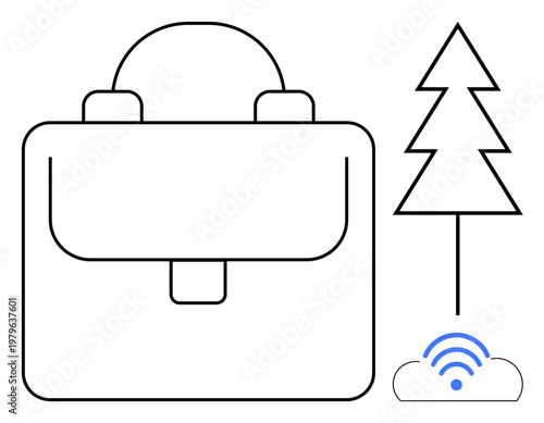 Remote work, digital nomad lifestyle, business travel, nature connection, outdoor work, wireless connectivity. Outline of a briefcase, tree and wireless. Remote work and digital nomad lifestyle