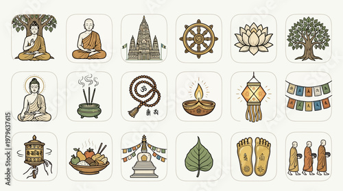 Buddha statues and symbols celebrate Wesak day or Purnima at a serene outdoor location with peaceful illustrations.