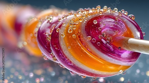 Close-up of colorful, bubble-dusted lollipop on stick