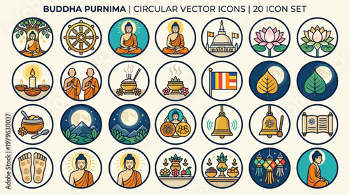 Buddha Purnima celebration icons on Wesak Day with circular vector illustrations of Buddha, temple, and symbolic elements.