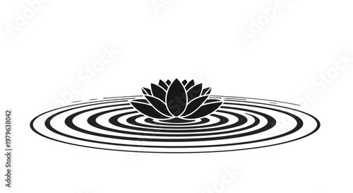 Lotus flower sits in the center of concentric circular ripples on a calm water surface to represent tranquility, mindfulness, and the essence of eastern spiritual practices.