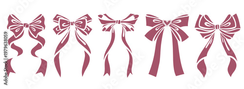 Elegant pink bow ribbon illustration for gift wrapping designs. Vector outline sketch featuring cute knot detail for Christmas presents and holiday decoration projects.