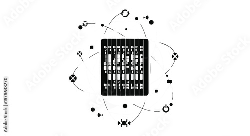 Data server rack icon features a central hardware unit surrounded by orbiting digital particles and network connection nodes to illustrate modern cloud computing infrastructure.