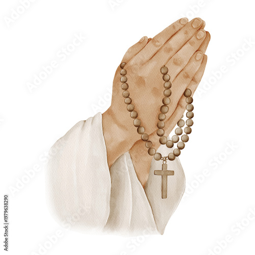 Schilderij op canvas Praying hands with rosary and cross, isolated clipart, watercolor illustration