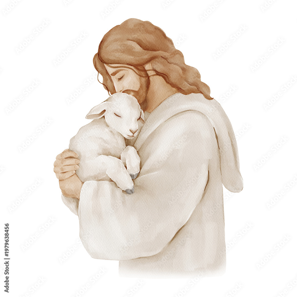 Fototapeta premium Jesus holding lamb, isolated clipart, watercolor illustration. Perfect for Christian prints, baptism invitations, religious storytelling and church designs.