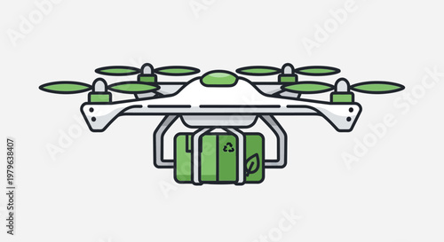 Eco Drone Delivering Recycled Package with Leaf Icon and Recycling Symbol