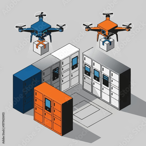 Drones delivering packages to lockers.