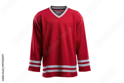 Red hockey jersey with white stripes on sleeves and collar sport clothing, Png, Isolated on Transparent Background, Cut Out