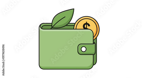 Green wallet with coin and leaf, symbolizing eco-friendly finance and savings