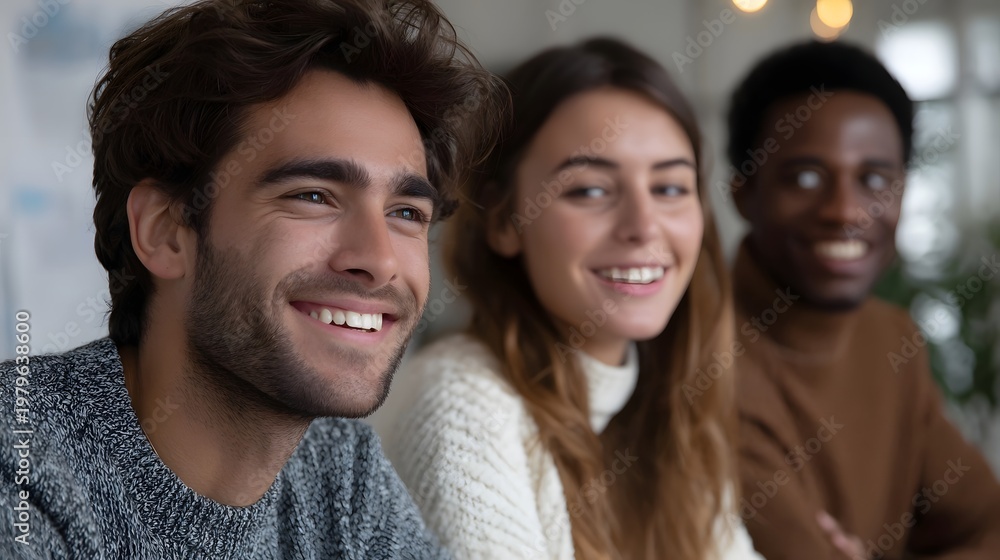 Obraz premium Three smiling friends sharing a warm genuine moment together in a comfortable and modern indoor setting