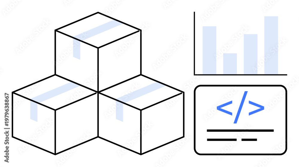 Obraz premium Logistics, data analysis, supply chain, coding, software development, e-commerce solutions. Stacked shipping boxes, a bar graph and coding tag symbols. Logistics and data analysis concept