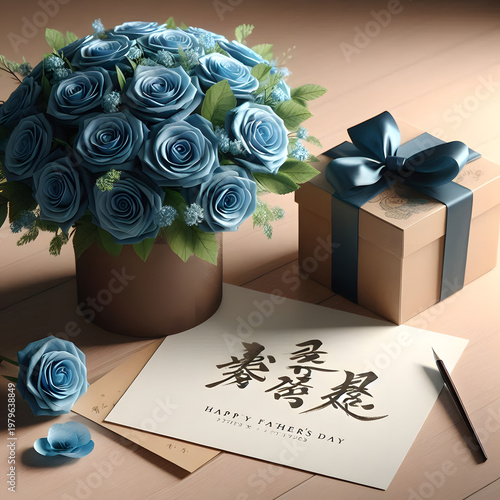 Blue rose bouquet with card of Japanese letter and present box of the Father's Day. Translation : 