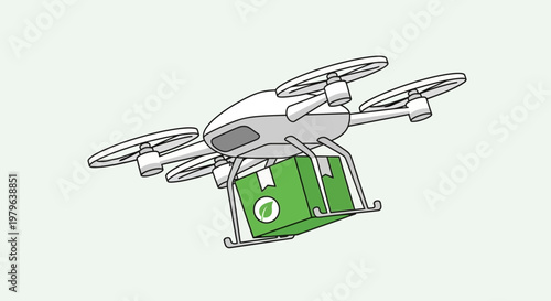 Drone delivering eco-friendly package with leaf logo, technology concept