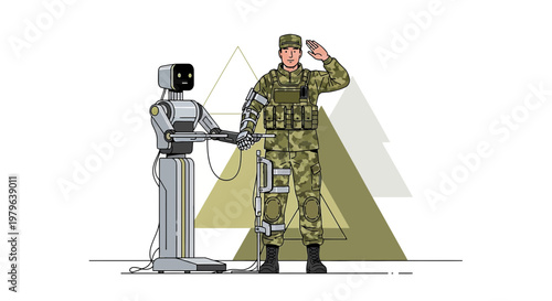Futuristic military alliance: Human soldier saluting with a robot for defense technology