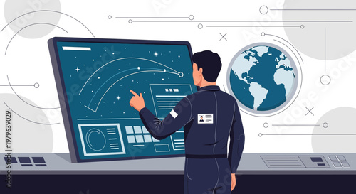 Futuristic mission control scene with an operator managing complex systems interface