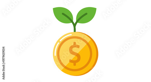 Money growth concept: golden coin with sprout and leaves
