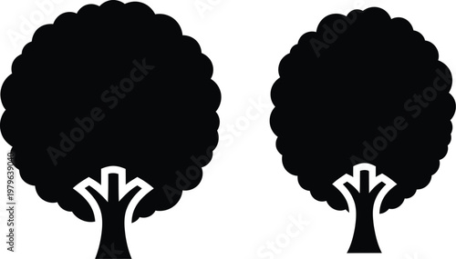 Two stylized silhouettes of trees with distinct trunks and canopies against a plain background