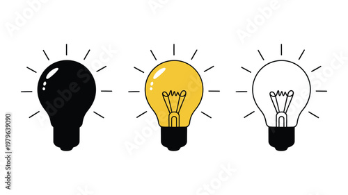 Bright ideas light bulb concept vector set, creative glowing bulbs and innovation symbols for inspiration, brainstorming, business solutions, and modern design