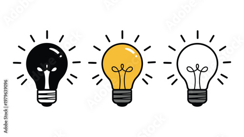 Bright ideas light bulb concept vector set, creative glowing bulbs and innovation symbols for inspiration, brainstorming, business solutions, and modern design