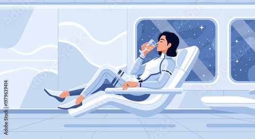 Futuristic Relaxation: A woman enjoys champagne in a modern spaceship cabin viewing stars