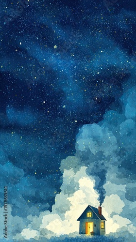 Cozy Cabin Under a Starry Night Sky with Mystical Clouds and Warm Light Emitting from the Door Creating a Dreamlike Atmosphere