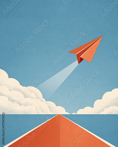 Illustration of Orange Paper Airplane Soaring Above Clouds Symbolizing Innovation and Aspiration in Blue Sky Backdrop