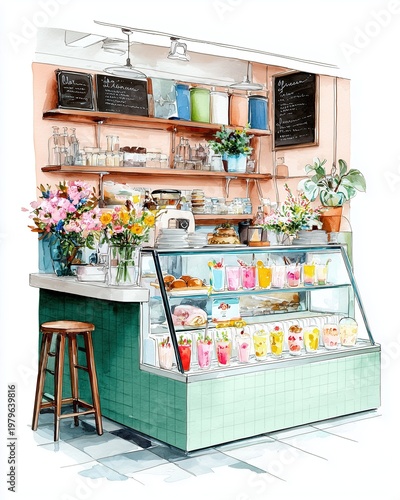 Watercolor Illustration of Cozy Cafe Interior with Vibrant Beverage Display and Rustic Decor for Art Lovers