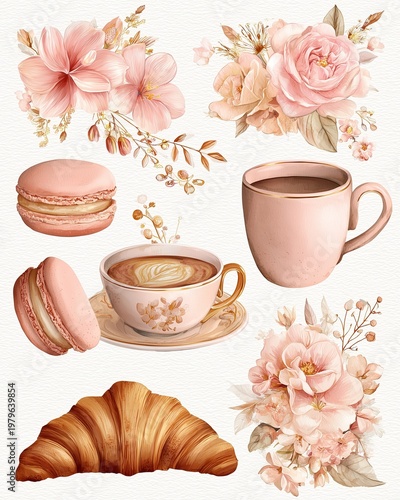 Elegant Pastel Breakfast Illustration with Floral Arrangements, Coffee, Macarons, and Croissant for Vintage-inspired Designs and Stationery