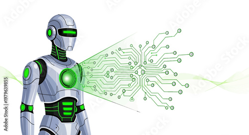 Futuristic robotic figure scanning digital circuit patterns for data analysis and innovation