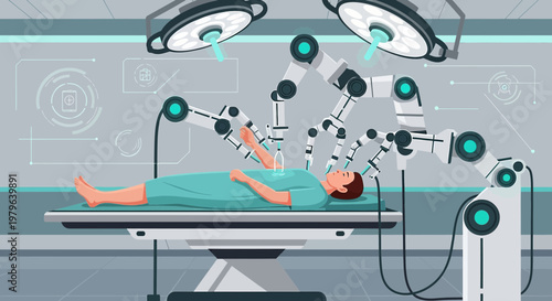 Futuristic robotic surgery scene depicting advanced medical technology for precision treatment