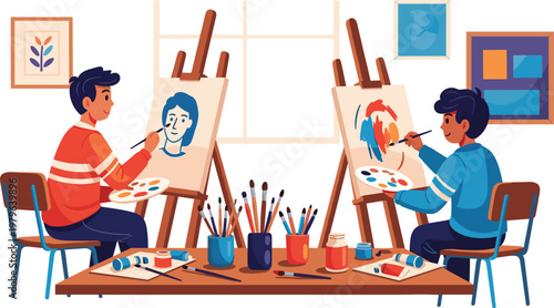 Children Painting Portraits on Easels with Colorful Paints in Art Studio for Creative Expression Illustration