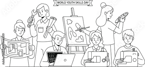 A lively scene of a busy barbershop filled with diverse customers and a barber at work