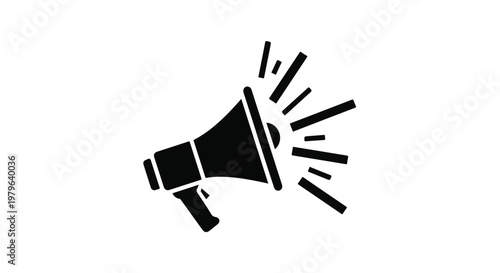 Megaphone symbol represents an announcement or marketing alert with radiating sound waves.