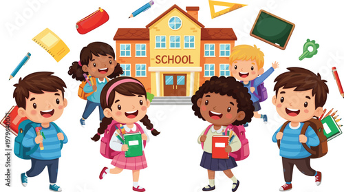 Children with Backpacks, School Supplies, and Books in Front of School Building for Education and School Illustration