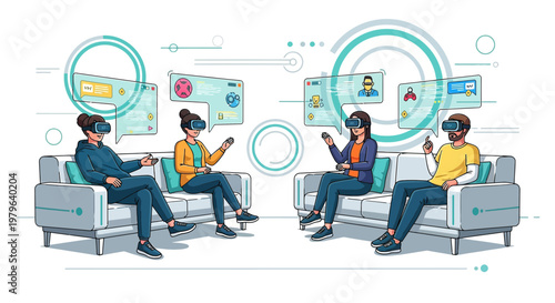 Futuristic social interaction people with vr headsets communicating in virtual reality landscape