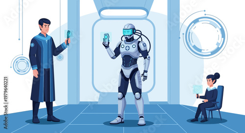 Futuristic medical technology featuring doctors, assistants, and robot in a sterile environment