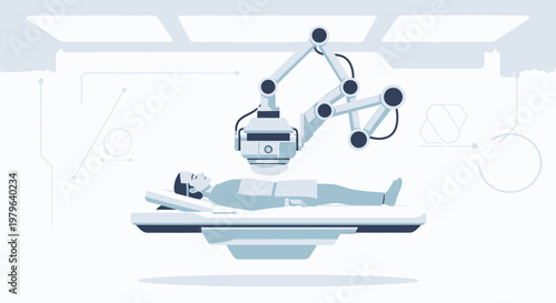 Futuristic medical treatment scene depicting a robotic arm performing a procedure on a patient