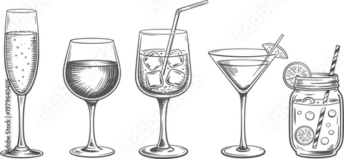 Hand drawn cocktail glasses set illustration, vintage drinks collection for bar menu design
