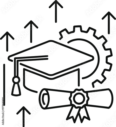 Graduation and career growth symbolized by upward arrows and gears