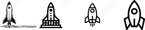 A symmetrical rocket launch icon, rendered in bold black ink against a solid white background, embodies the essence of a startups ambitious journey into the future