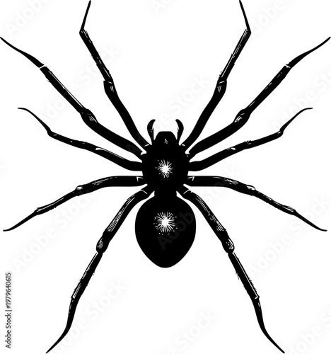 A symmetrical six-eyed sand spider in a flat pose, perfectly camouflaged against a pure white background with crisp contours and minimalist vector art